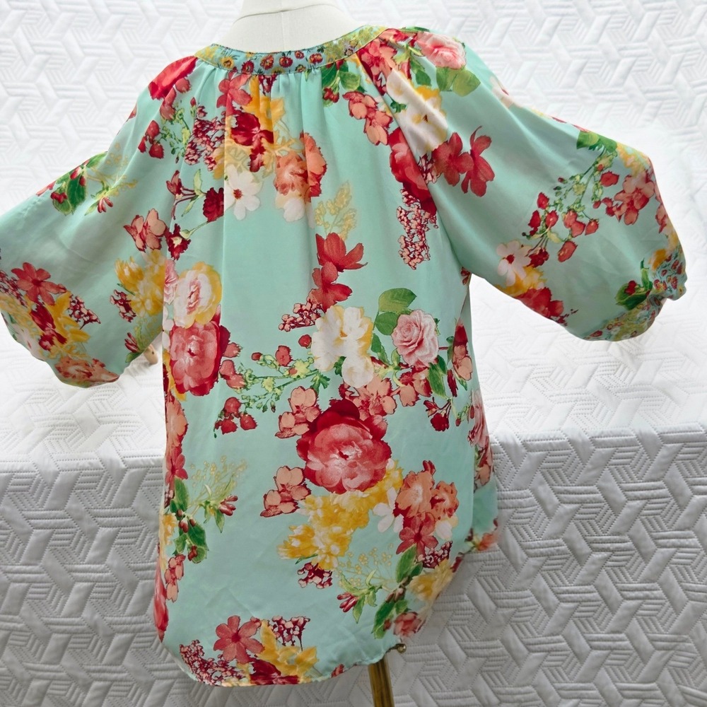Valerie Stevens Blouse Floral Boho WomenXL Mint Green Mixed Print Balloon Sleeve - Picture 5 of 8
